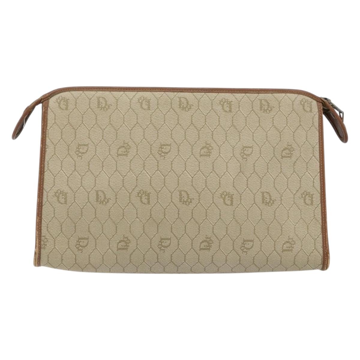 Christian Dior Honeycomb Canvas Clutch Bag PVC Beige Gold Auth 151989