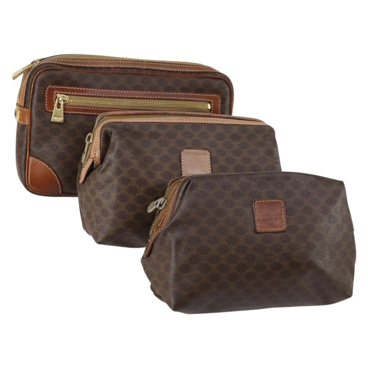 CELINE Macadam Canvas Clutch Bag PVC Leather 3 Set Brown Auth 152038