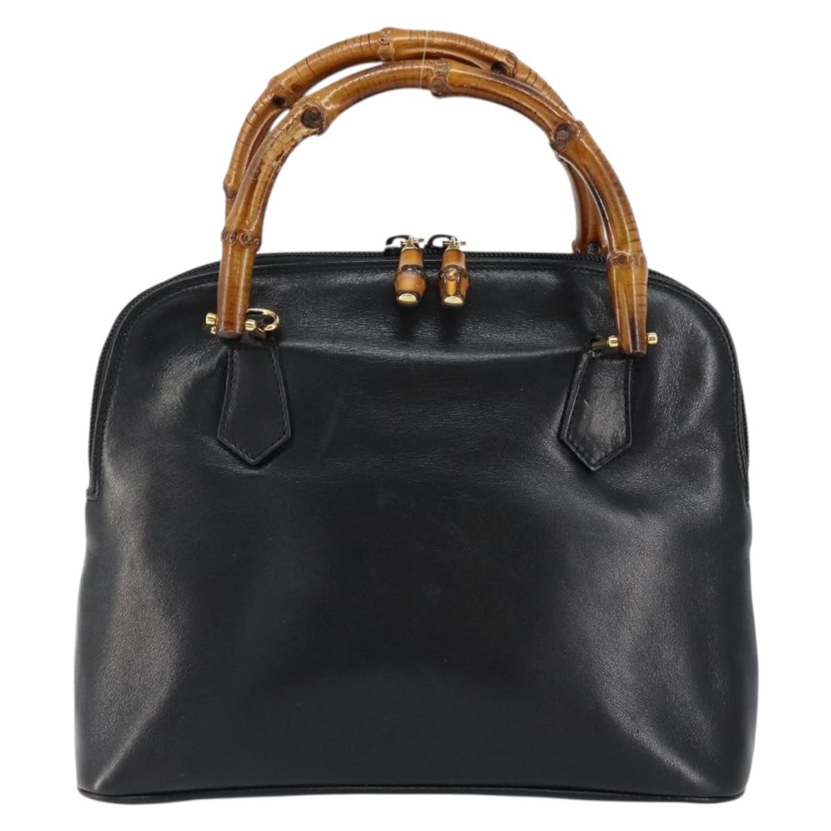 GUCCI Bamboo Hand Bag Leather Black Gold 000 1274 0290 Auth 152044