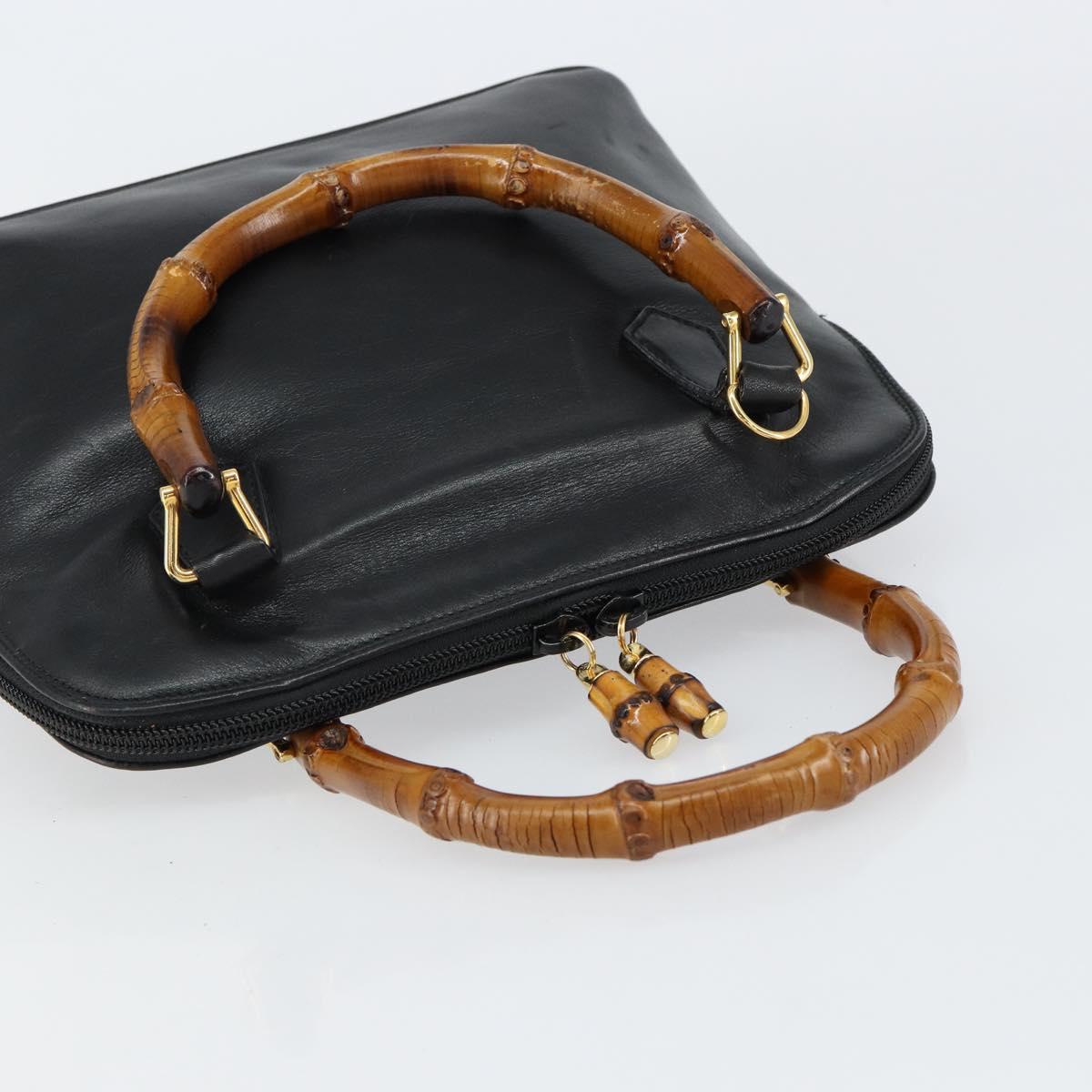 GUCCI Bamboo Hand Bag Leather Black Gold 000 1274 0290 Auth 152044