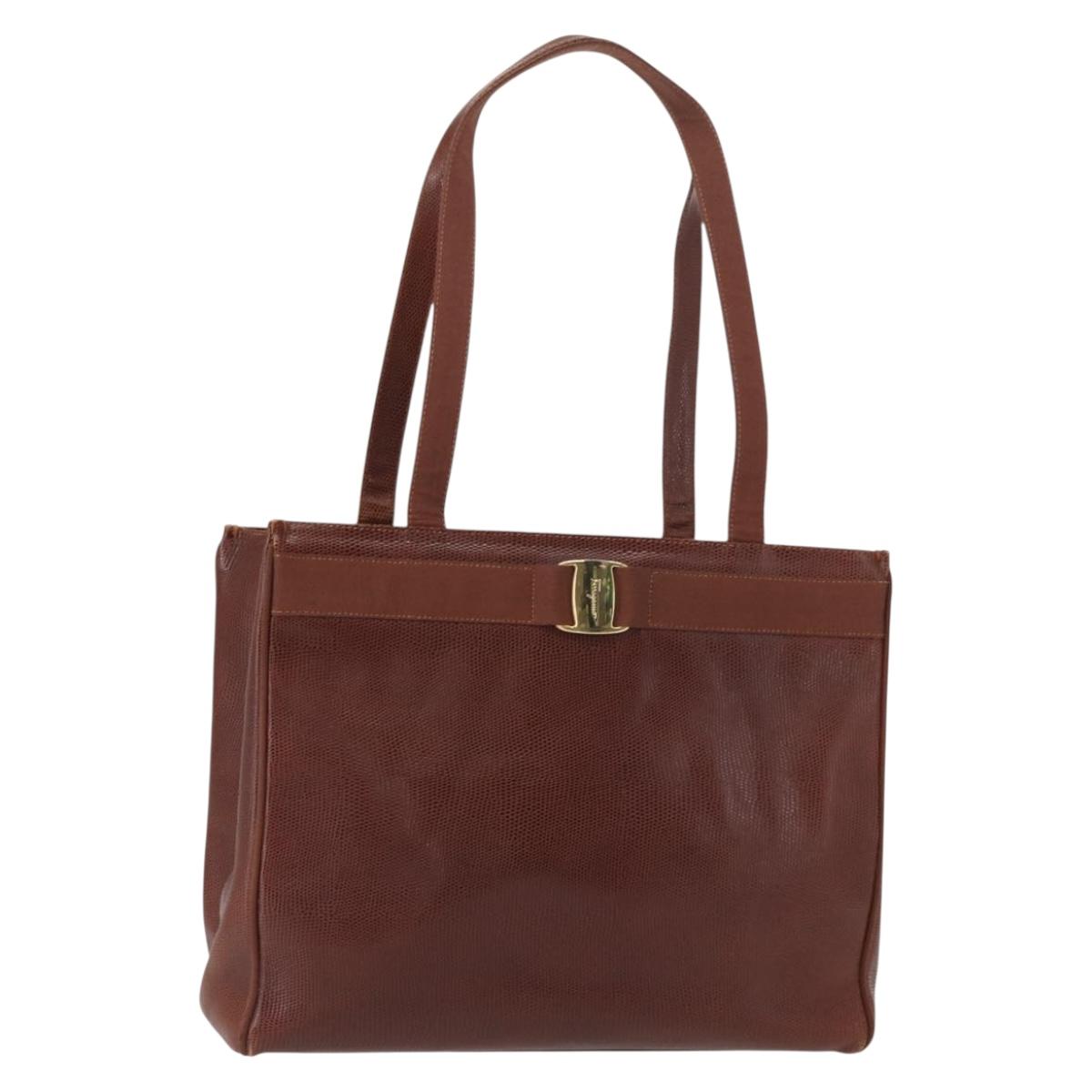 Salvatore Ferragamo Tote Bag Leather Embossed Brown Gold Auth 152061