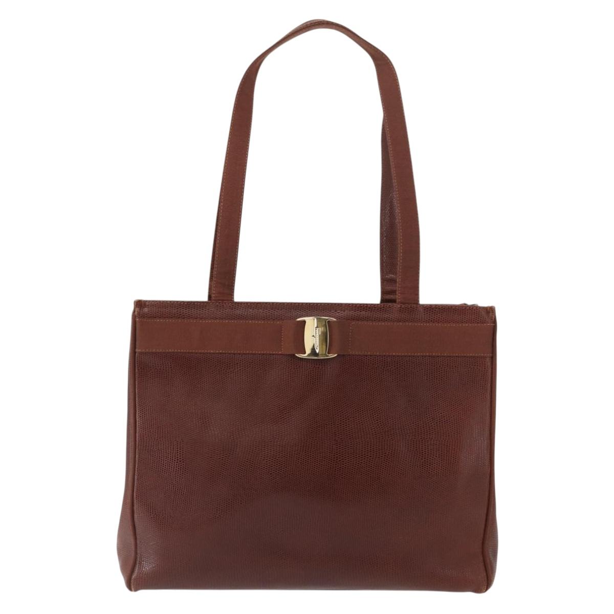 Salvatore Ferragamo Tote Bag Leather Embossed Brown Gold Auth 152061