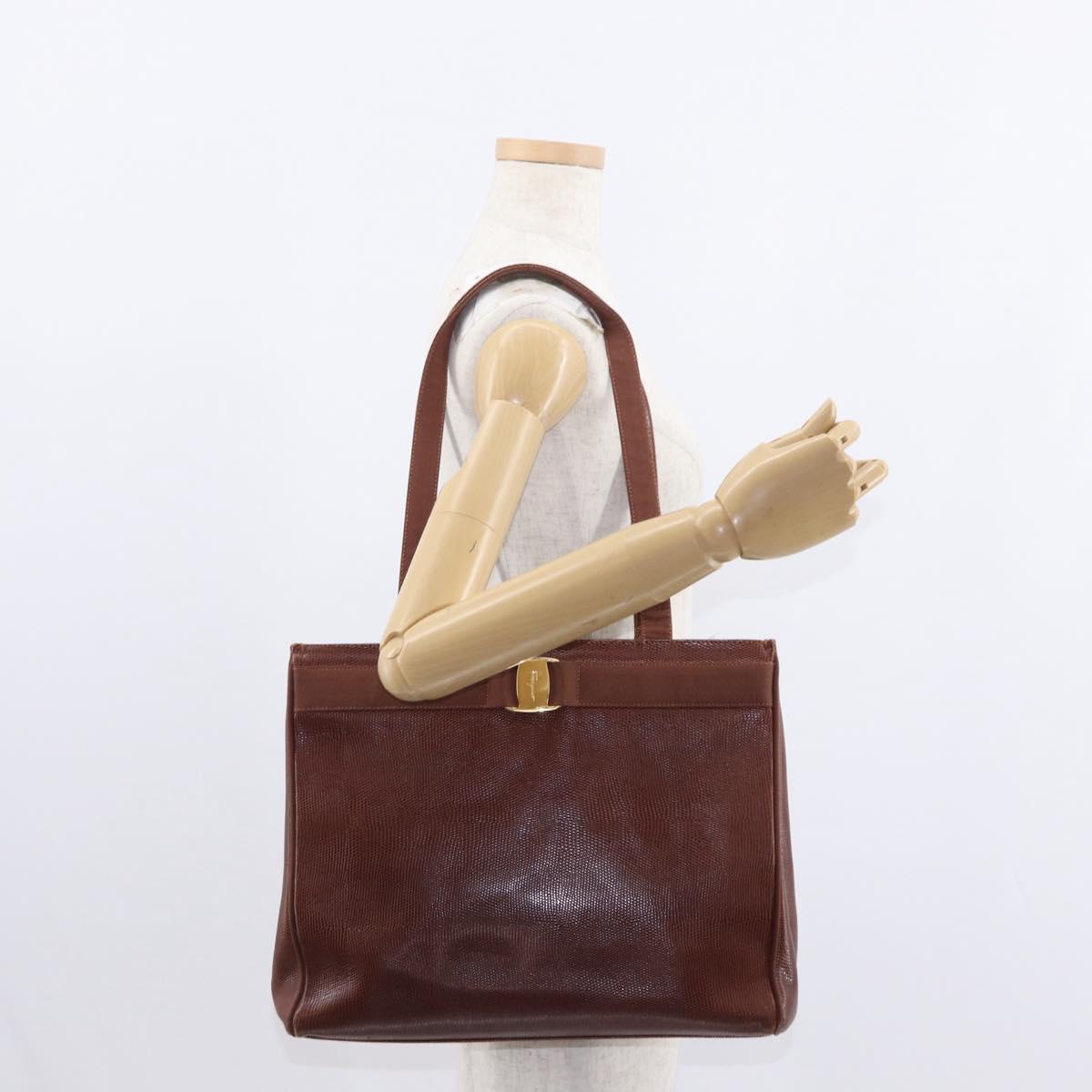 Salvatore Ferragamo Tote Bag Leather Embossed Brown Gold Auth 152061