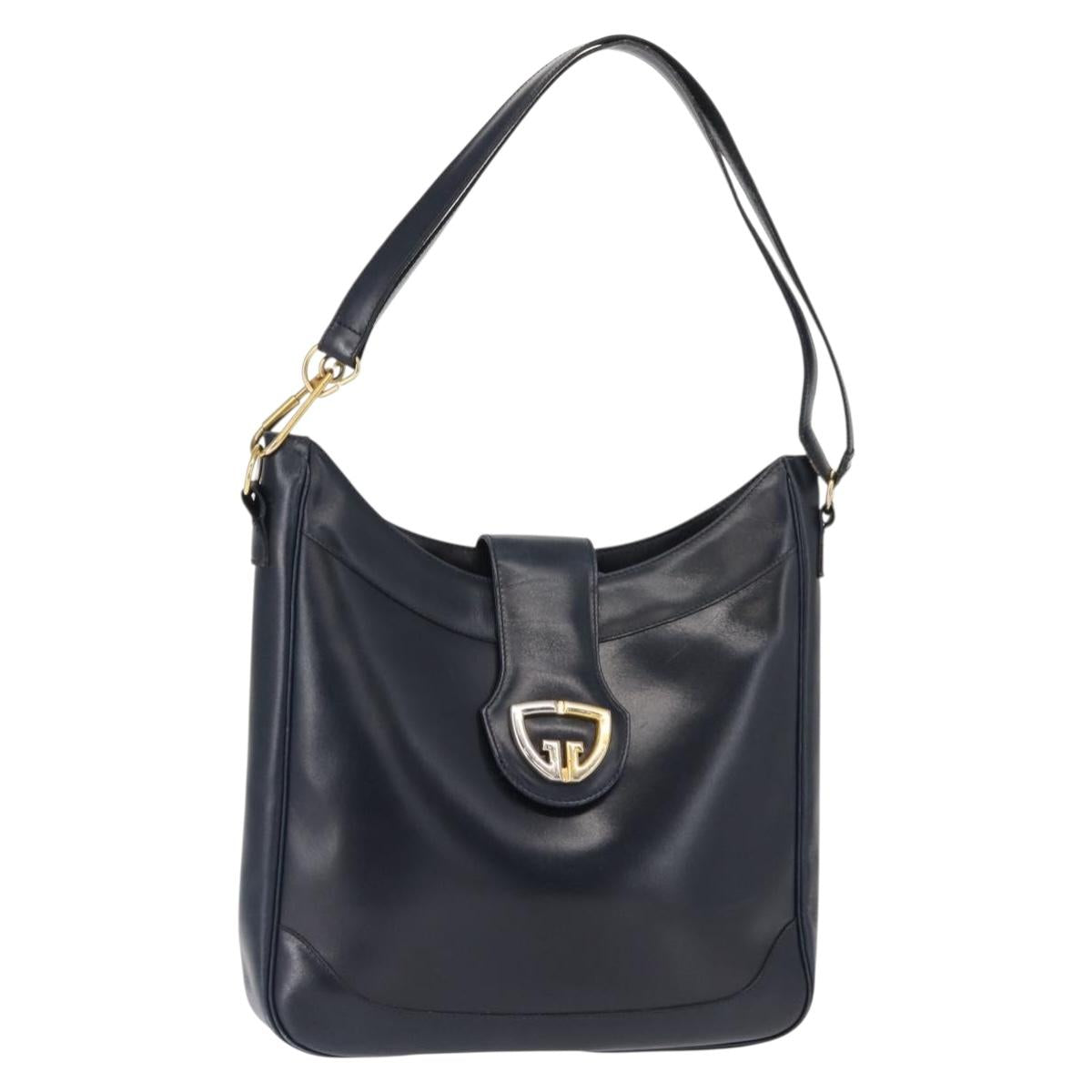 GUCCI Shoulder Bag Leather Navy Gold Auth 152101