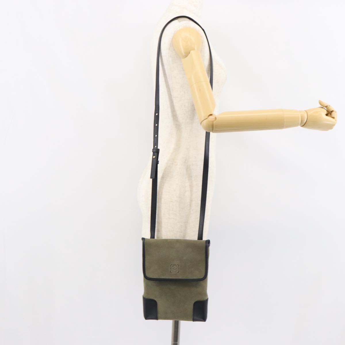 LOEWE Anagram Shoulder Bag Suede Leather Gray Gold Auth 152120