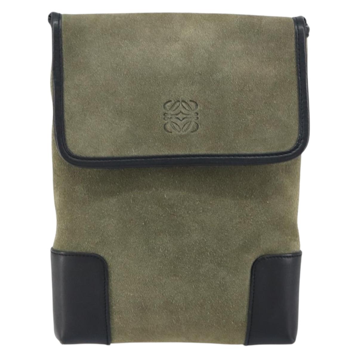 LOEWE Anagram Shoulder Bag Suede Leather Gray Gold Auth 152120