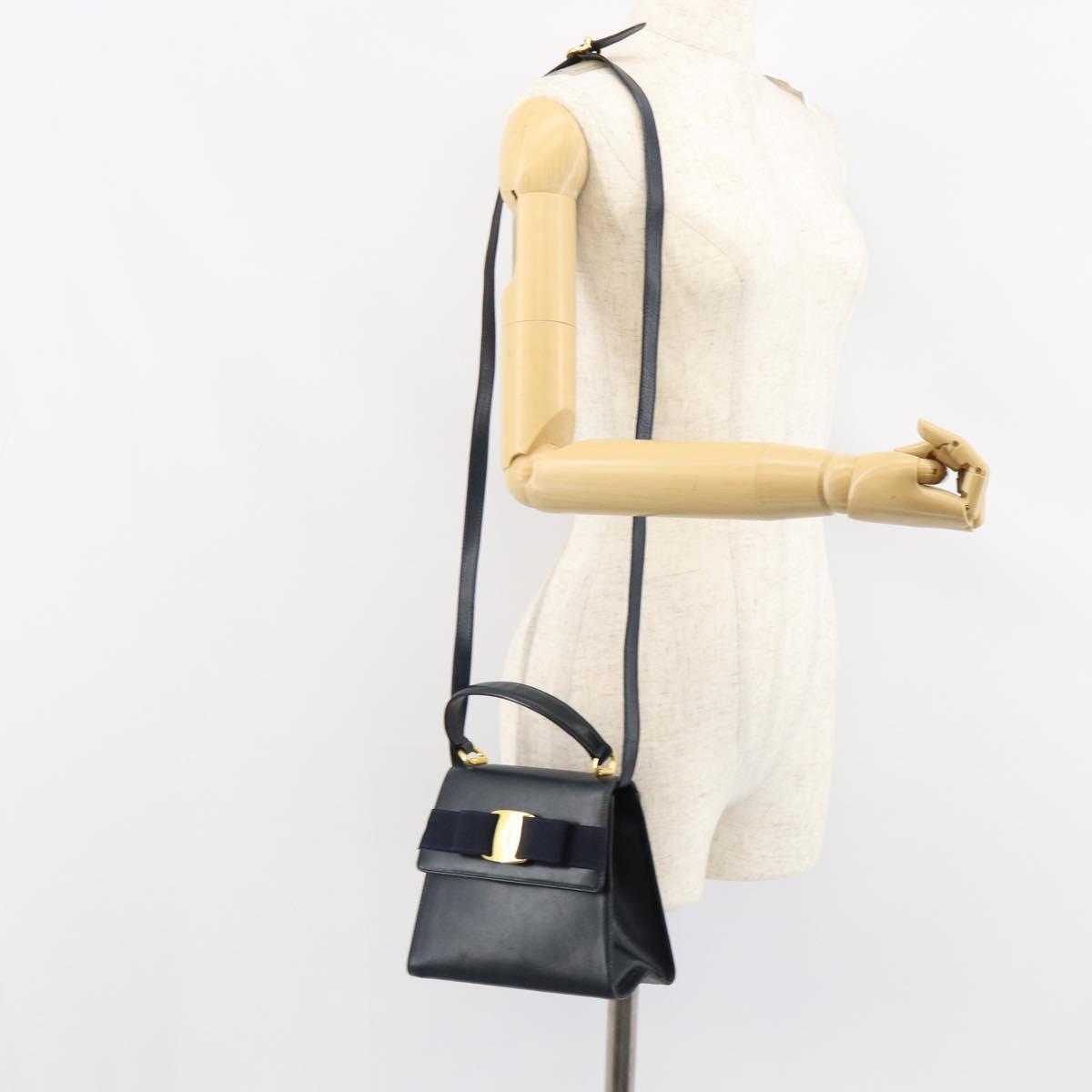 Salvatore Ferragamo Vala Ribbon Hand Bag Leather 2way Navy Gold Auth 152145
