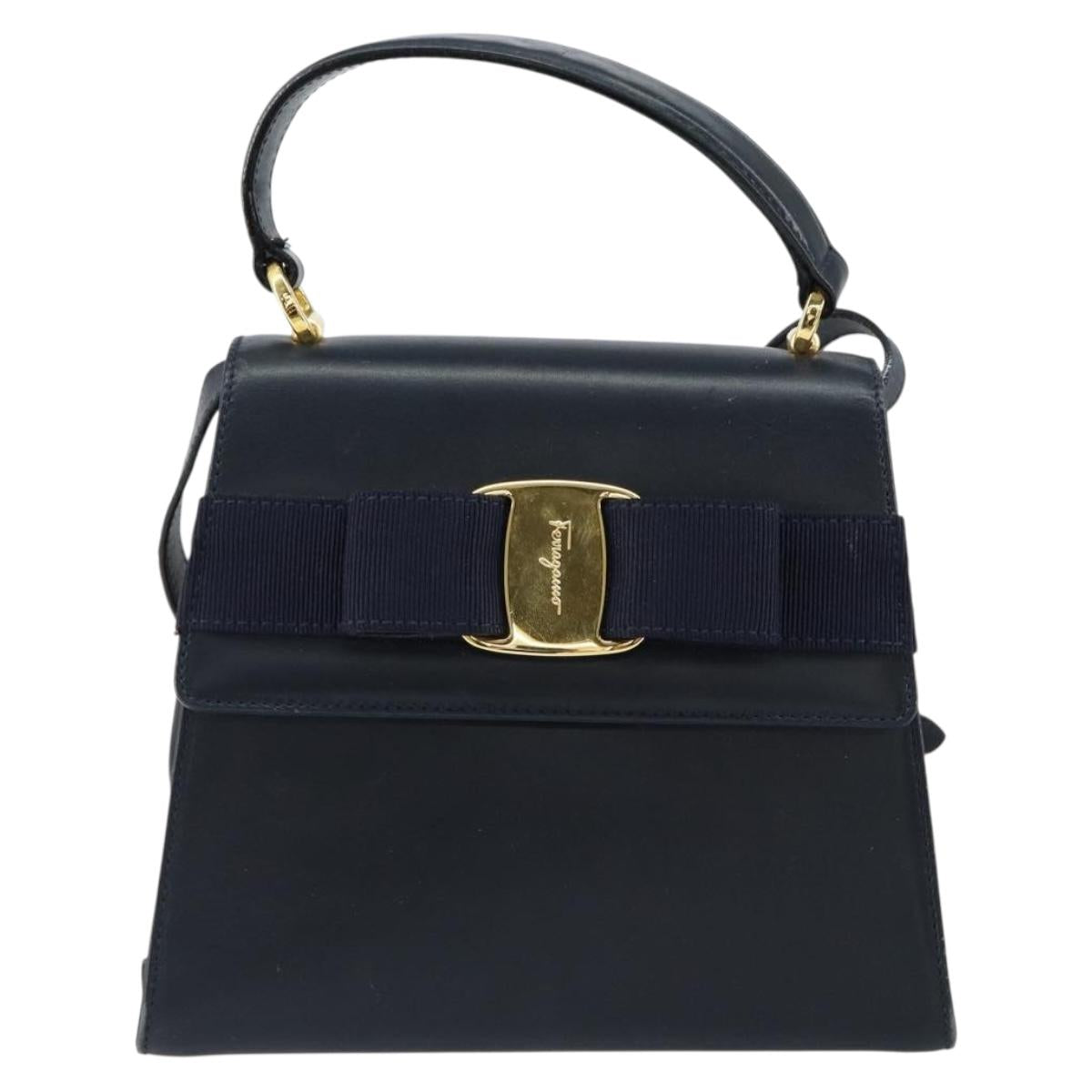 Salvatore Ferragamo Vala Ribbon Hand Bag Leather 2way Navy Gold Auth 152145