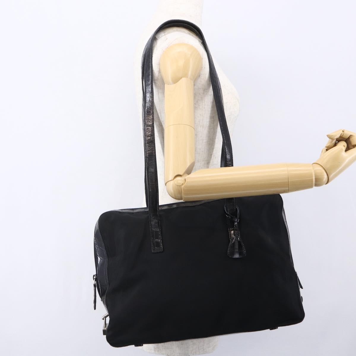 PRADA Shoulder Bag Nylon Leather Black Silver Auth 152167