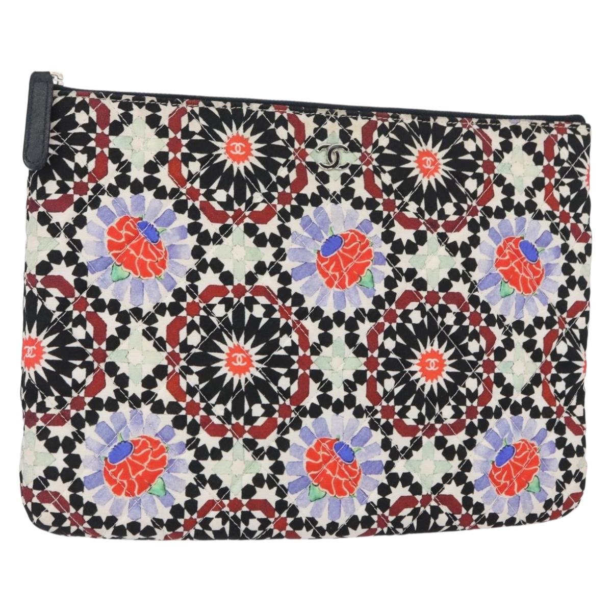 CHANEL COCO Mark Floral Clutch Bag Nylon Black Silver CC Auth 152233
