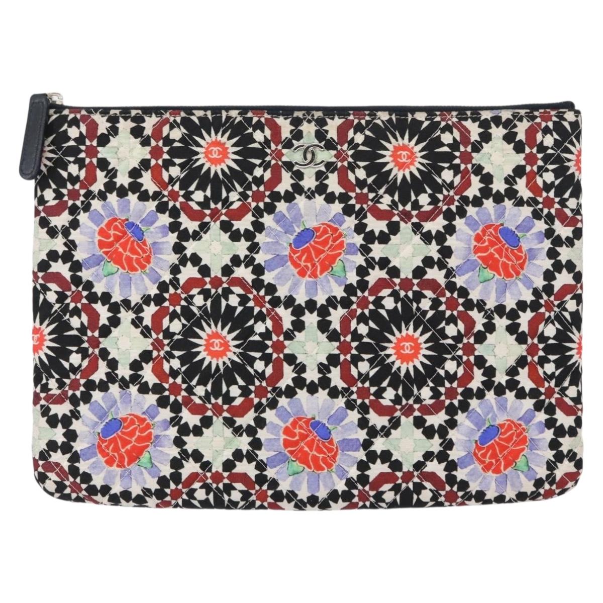 CHANEL COCO Mark Floral Clutch Bag Nylon Black Silver CC Auth 152233