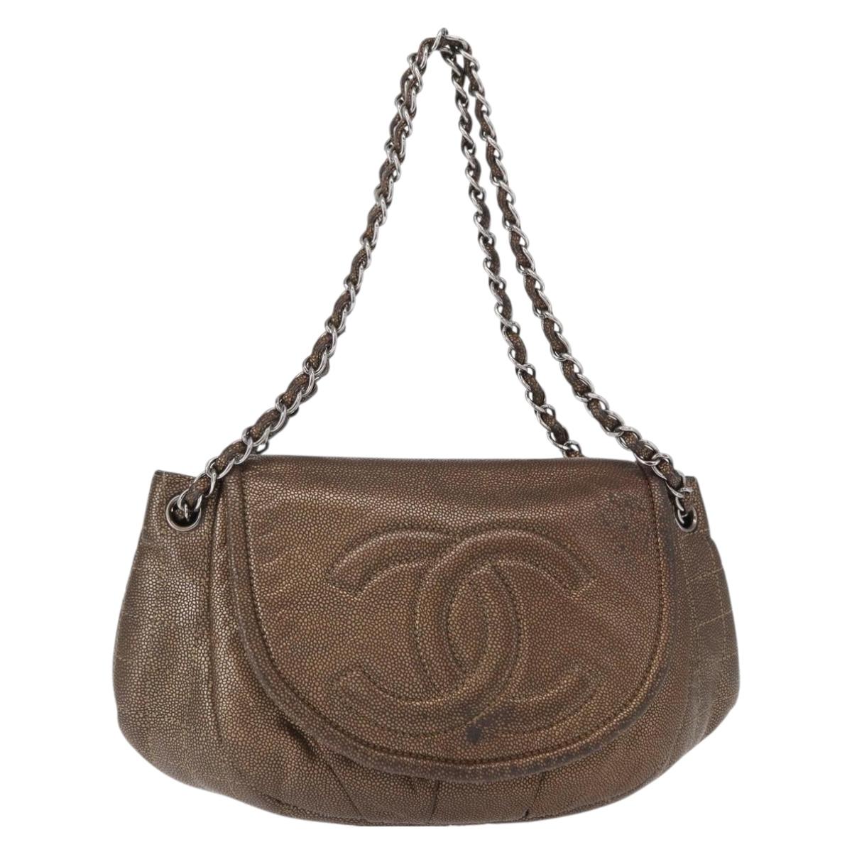 CHANEL Chain Shoulder Bag Caviar Skin Brown Silver CC Auth 152234