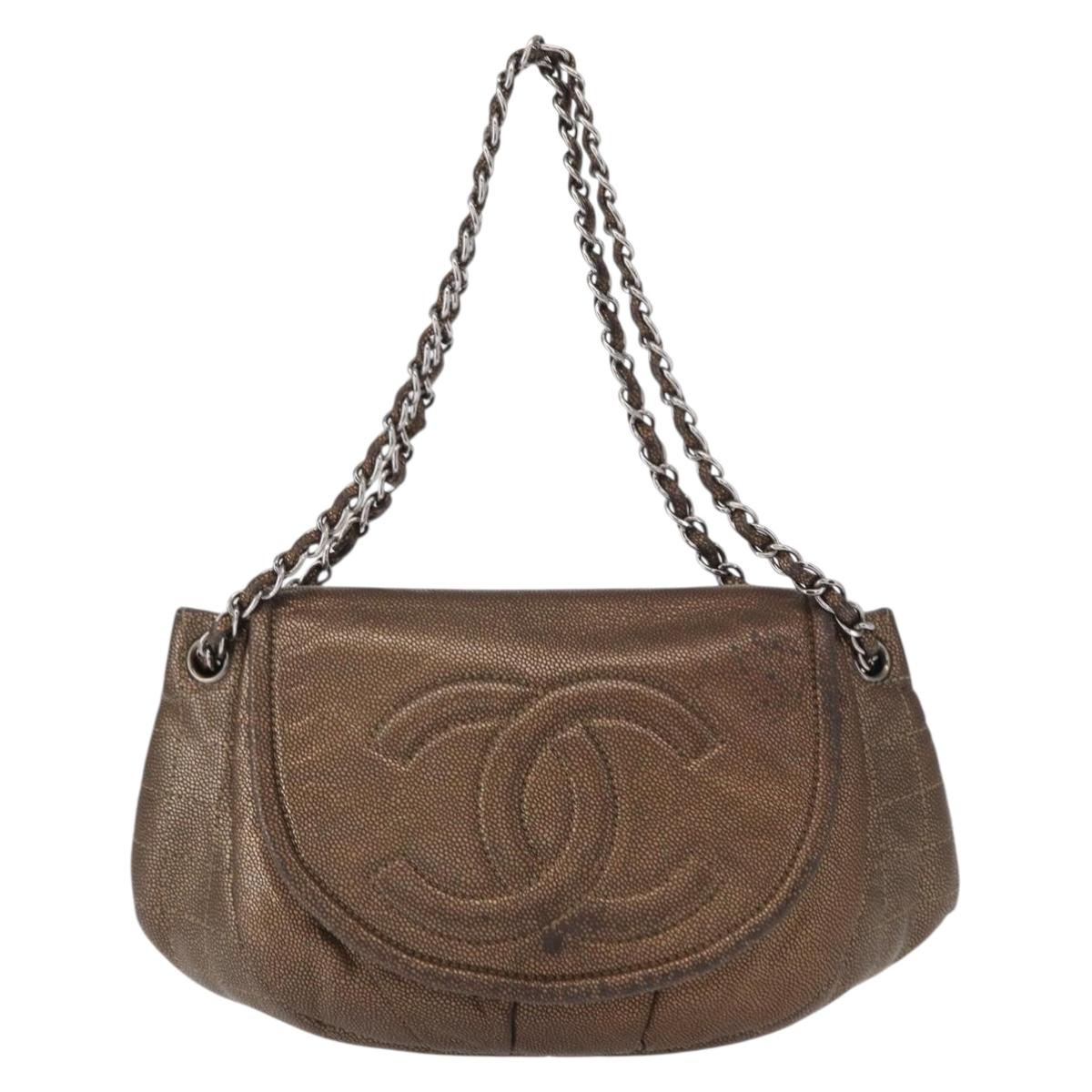 CHANEL Chain Shoulder Bag Caviar Skin Brown Silver CC Auth 152234