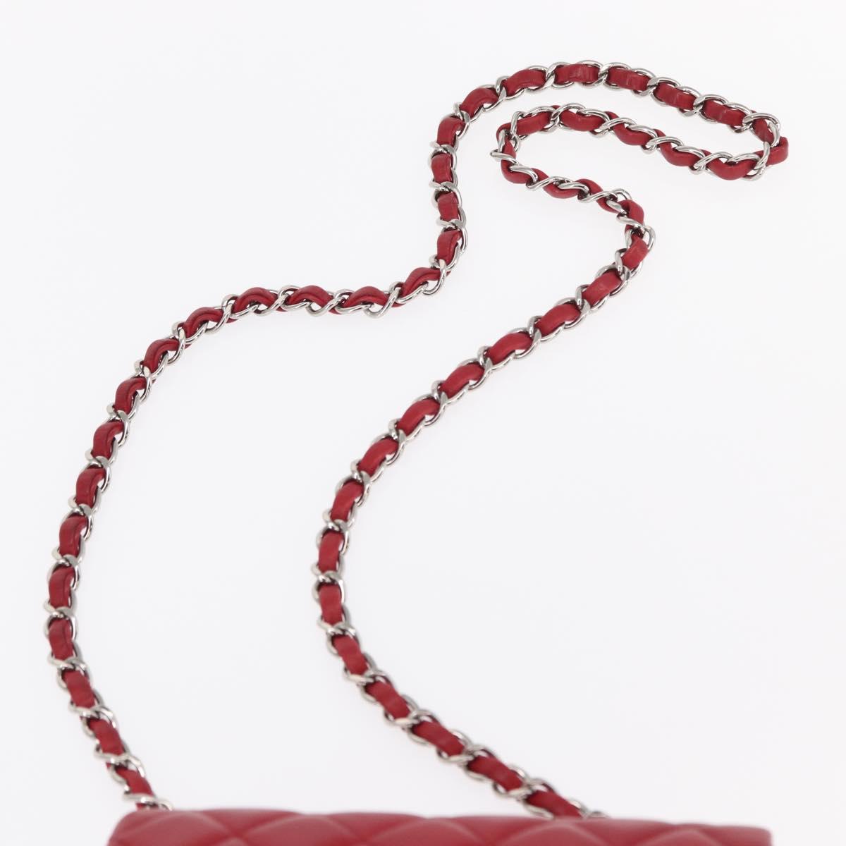 CHANEL Mini Materasse 17 Chain Shoulder Bag Lamb Skin Red Silver CC Auth 152236V