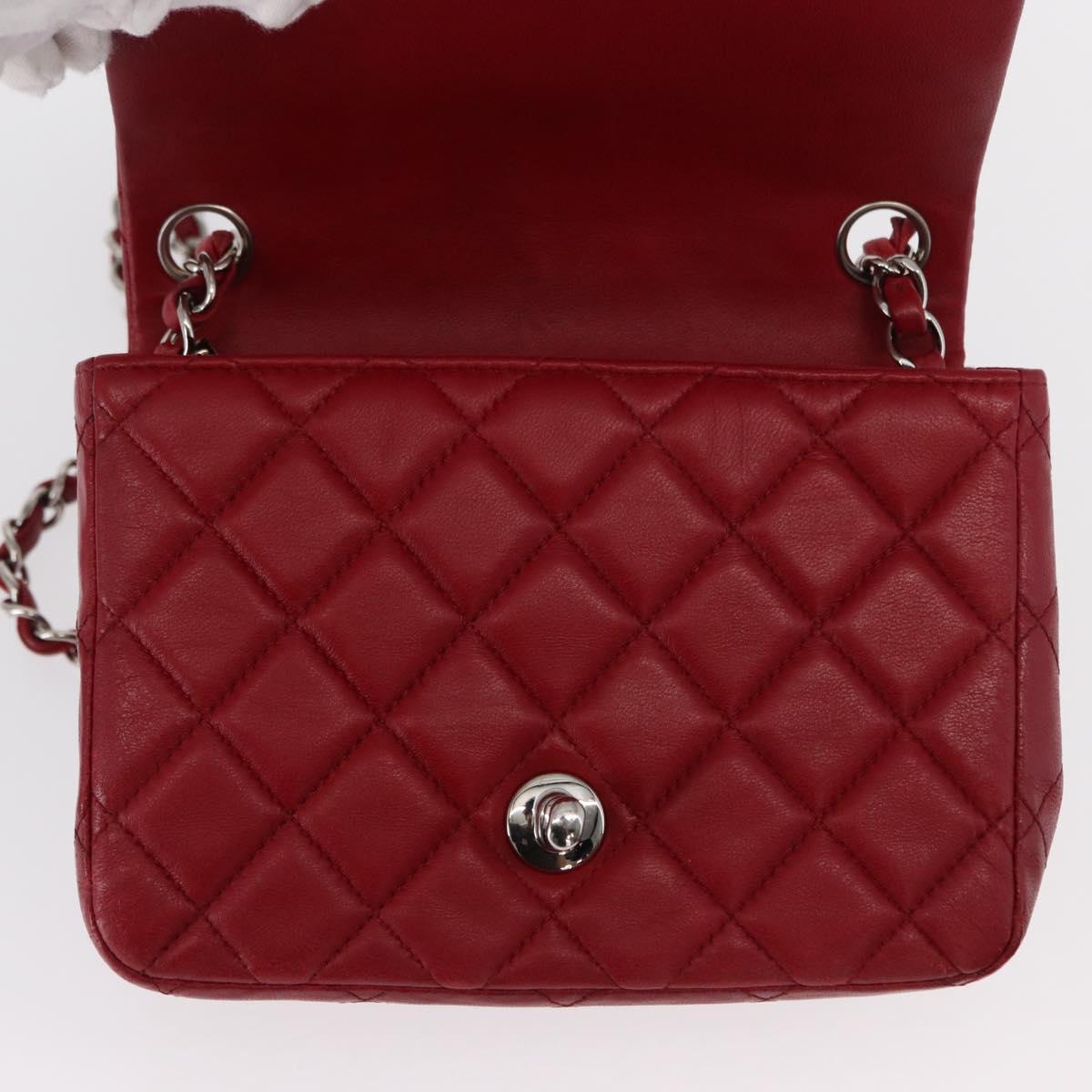 CHANEL Mini Materasse 17 Chain Shoulder Bag Lamb Skin Red Silver CC Auth 152236V