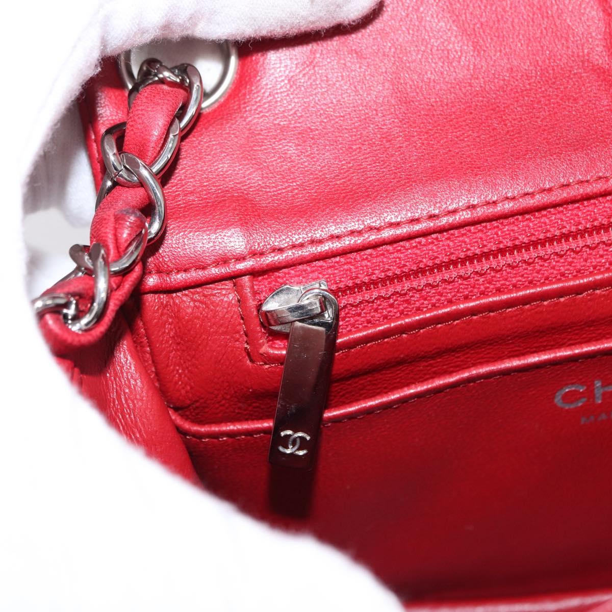 CHANEL Mini Materasse 17 Chain Shoulder Bag Lamb Skin Red Silver CC Auth 152236V