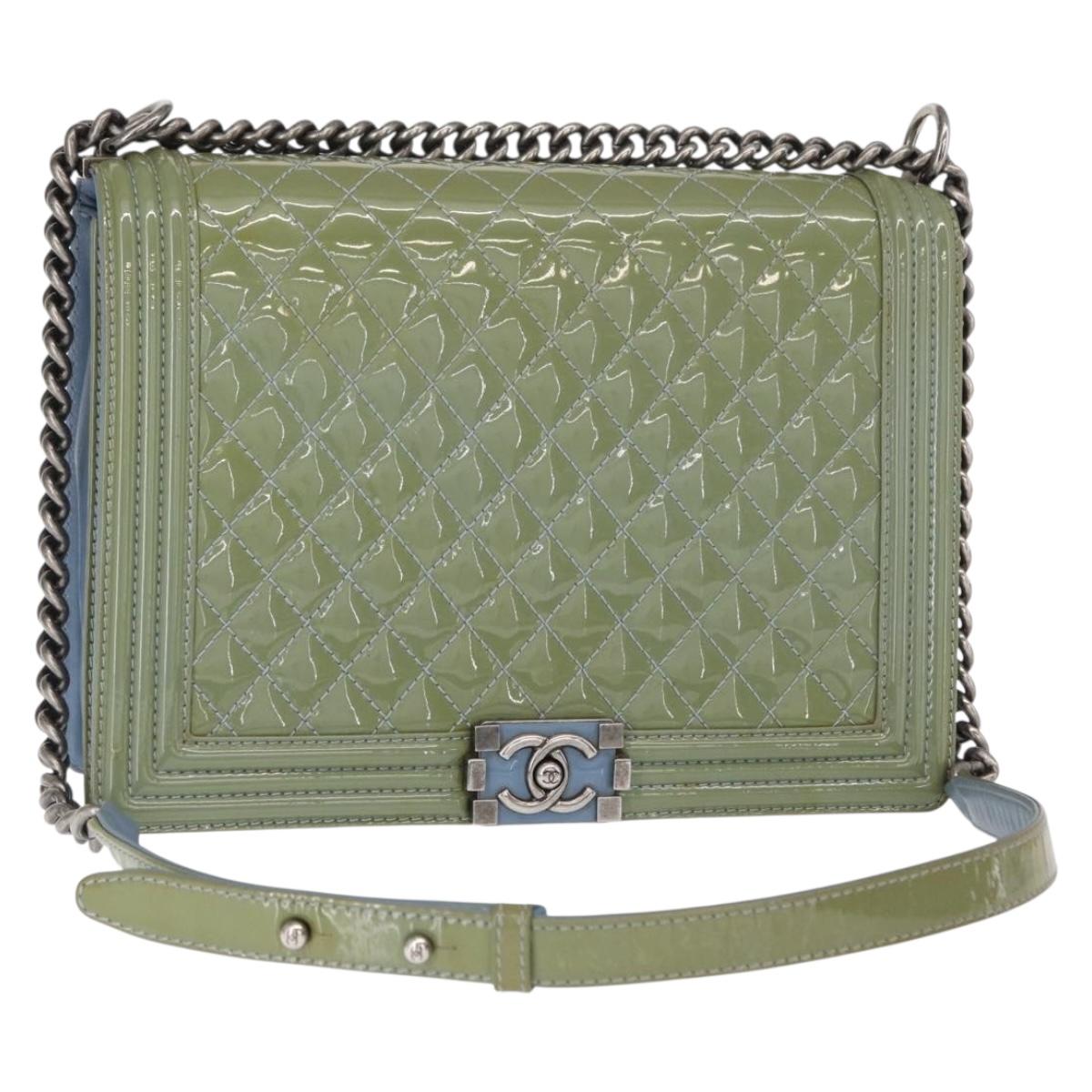 CHANEL Chain Boy Chanel Shoulder Bag Patent leather Green Blue CC Auth 152239