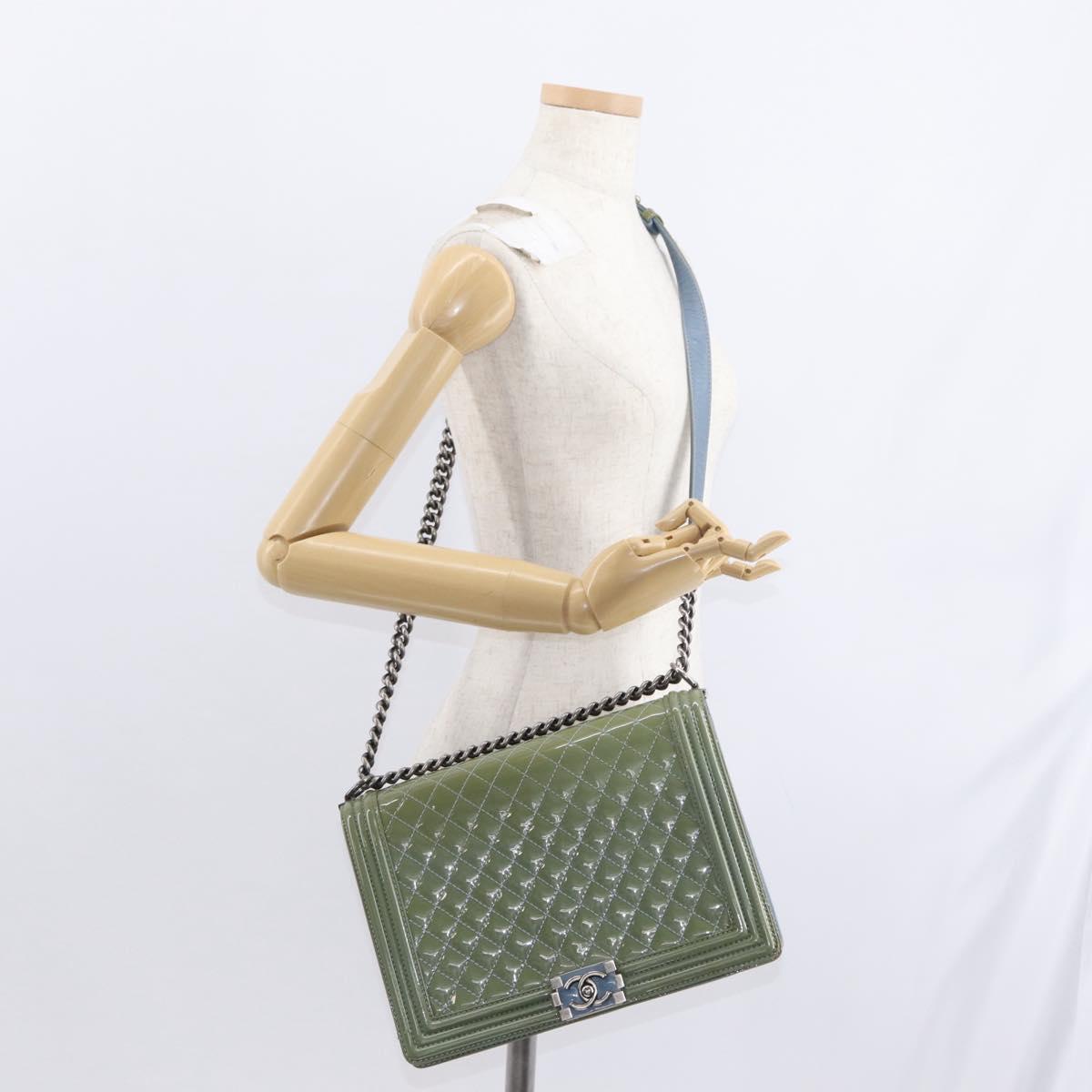 CHANEL Chain Boy Chanel Shoulder Bag Patent leather Green Blue CC Auth 152239