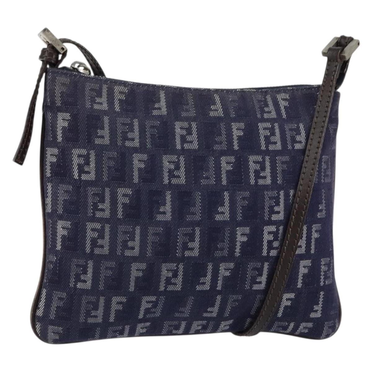 FENDI Zucchino Canvas Shoulder Bag Navy Silver Auth 152243