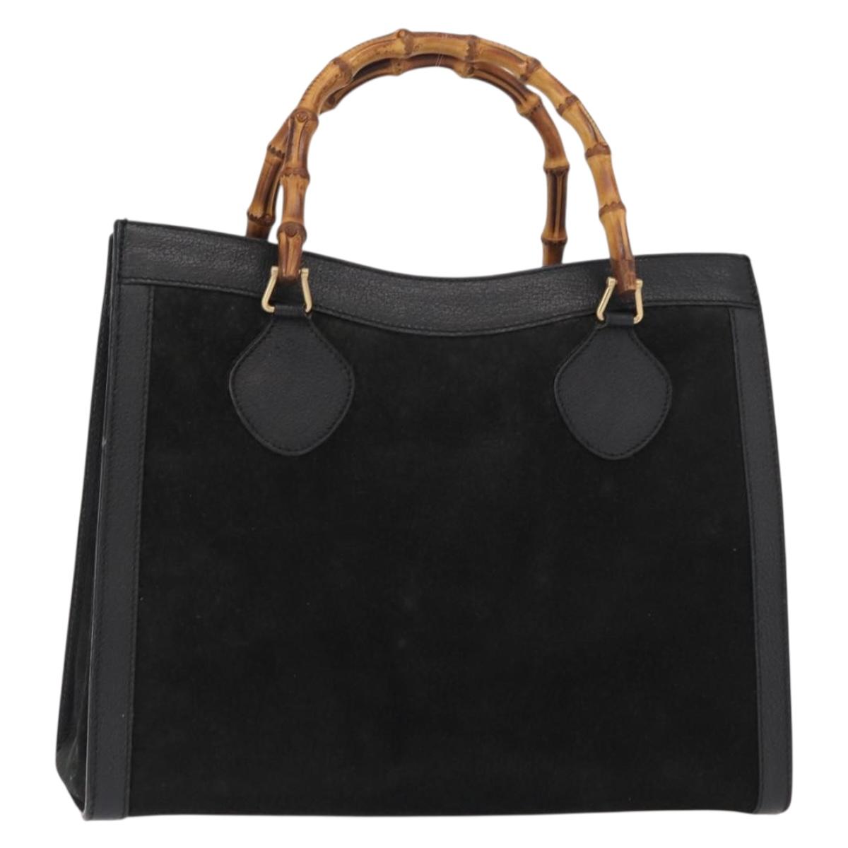 GUCCI Bamboo Hand Bag Suede Leather Black Gold 002 1186 0260 Auth 152254