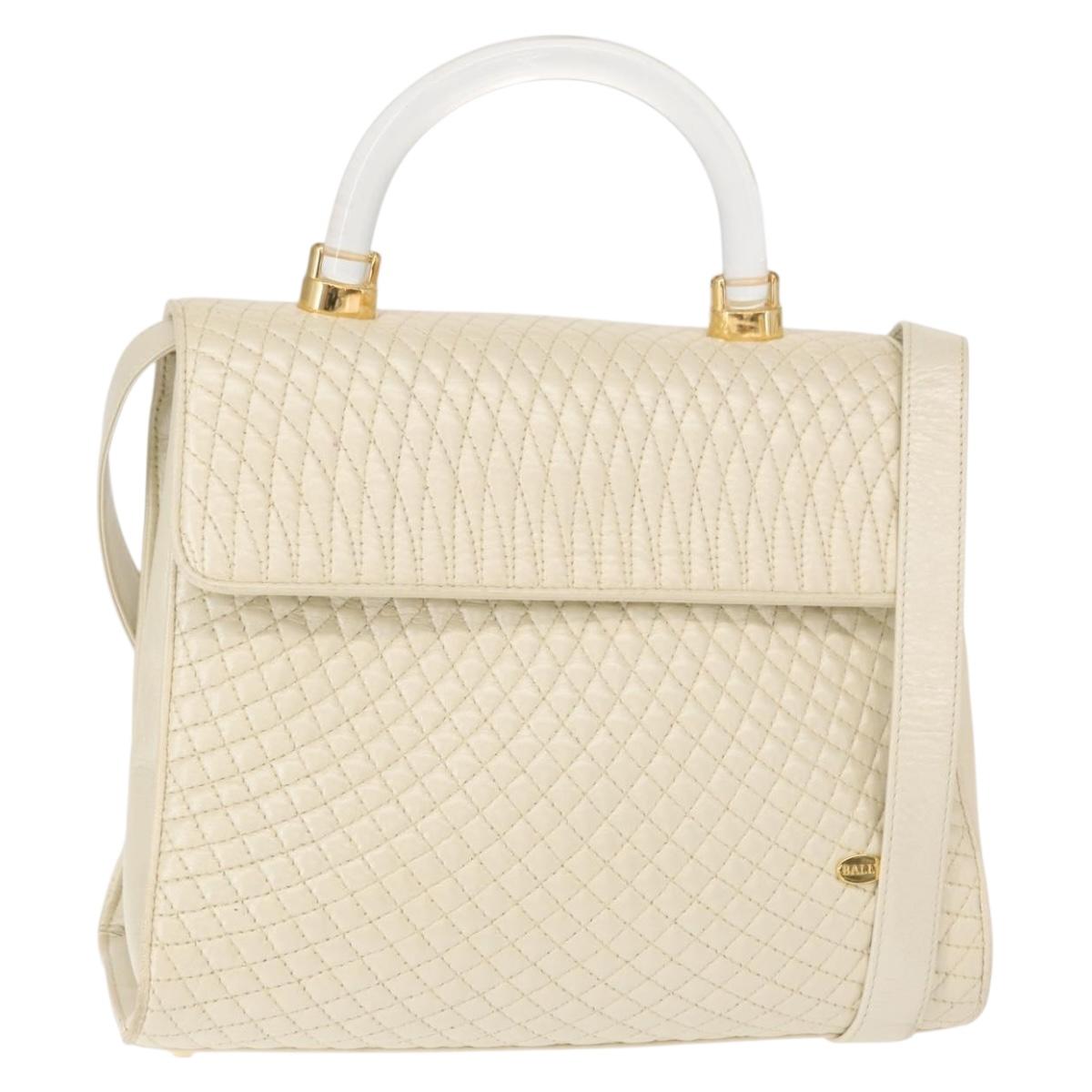 BALLY Quilted Hand Bag Leather Plastic 2way Cream Gold Auth 152255