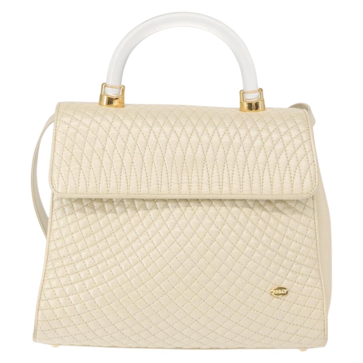 BALLY Quilted Hand Bag Leather Plastic 2way Cream Gold Auth 152255