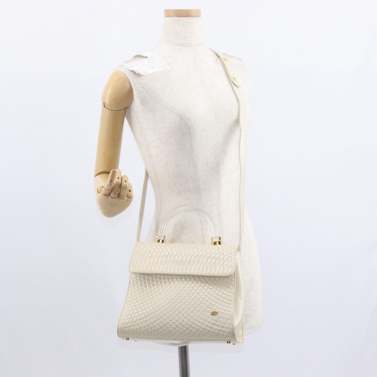 BALLY Quilted Hand Bag Leather Plastic 2way Cream Gold Auth 152255