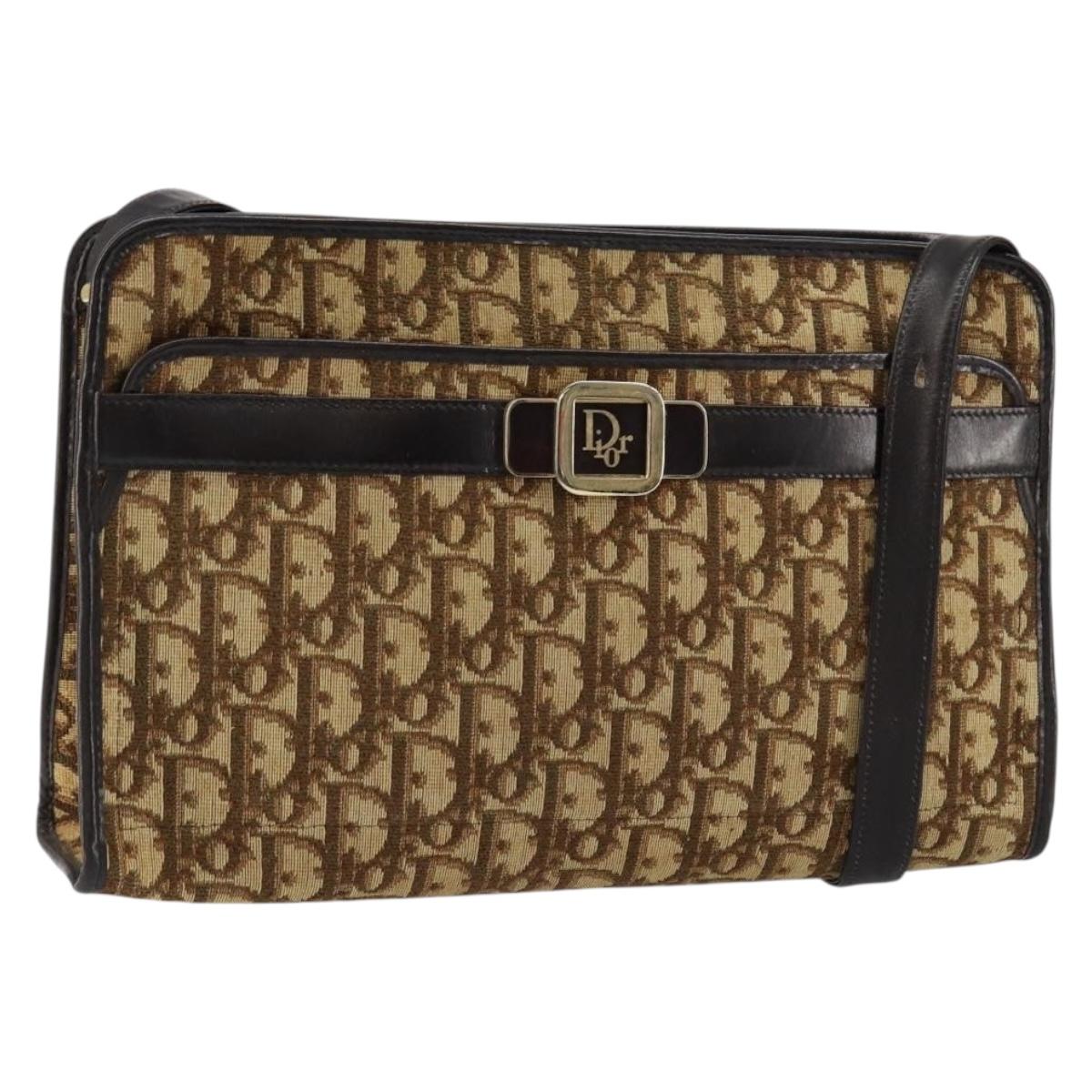 Christian Dior Trotter Canvas Shoulder Bag Beige Gold Auth 152260