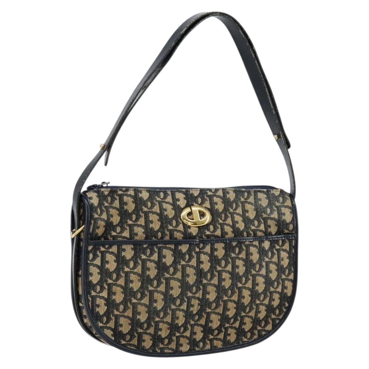 Christian Dior Trotter Canvas Shoulder Bag Navy Gold Auth 152262