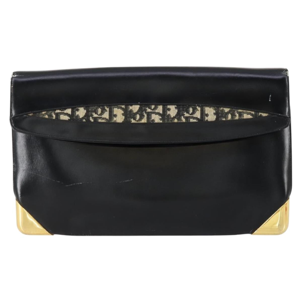 Christian Dior Trotter Canvas Clutch Bag Leather Black Gold Auth 152263