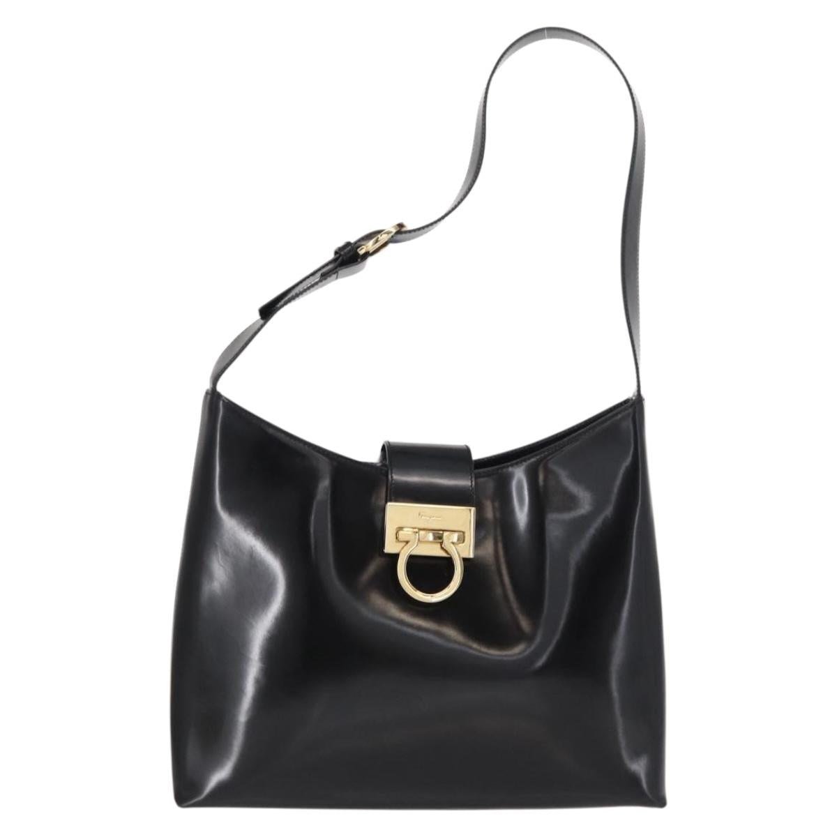 Salvatore Ferragamo Gancini Shoulder Bag Leather Black Gold Auth 152264