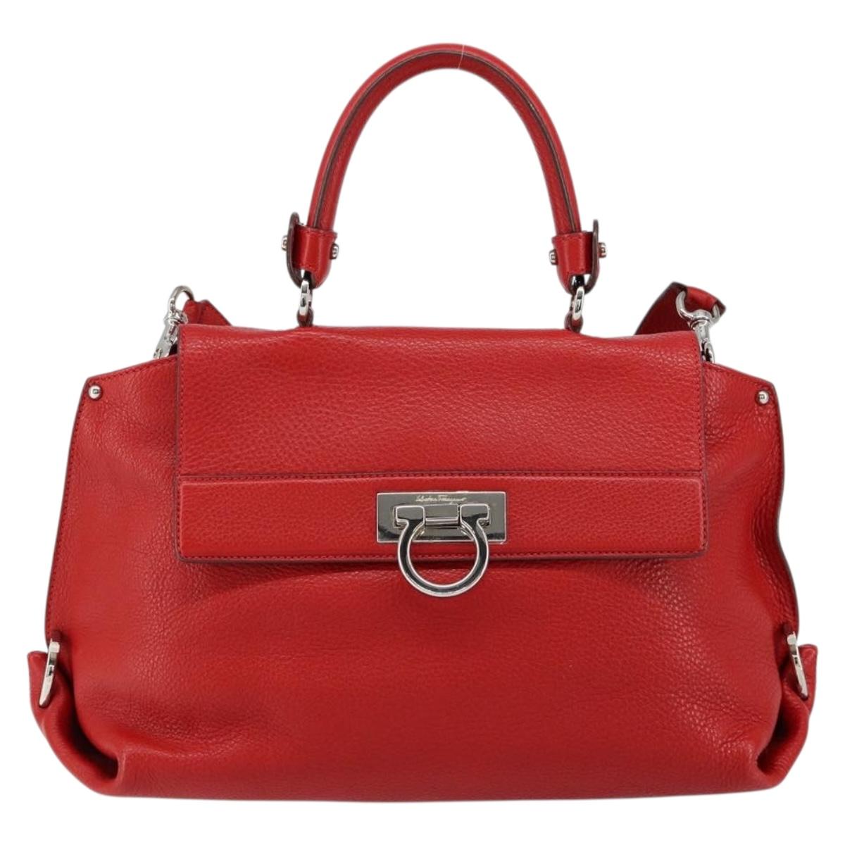 Salvatore Ferragamo Gancini Hand Bag Leather 2way Red Silver Auth 152277