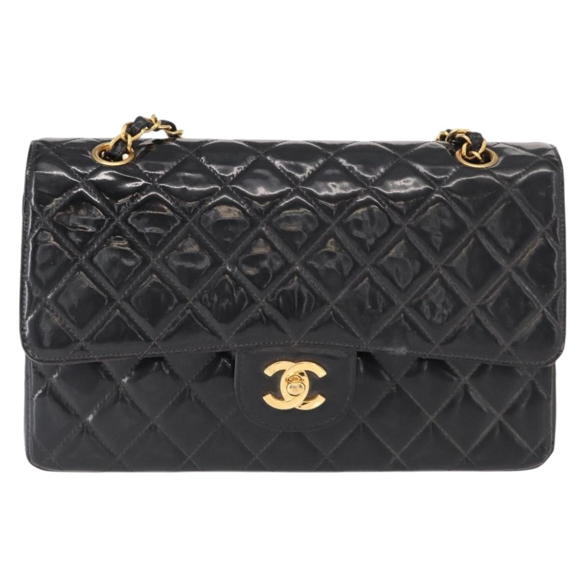 CHANEL Matelasse Double Flap Chain Bag Patent leather Black Gold CC Auth 152292V