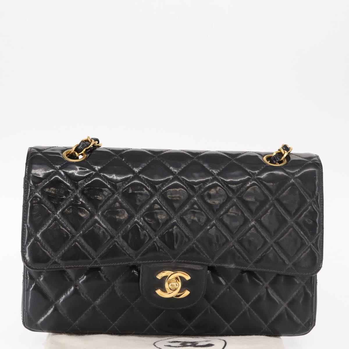 CHANEL Matelasse Double Flap Chain Bag Patent leather Black Gold CC Auth 152292V