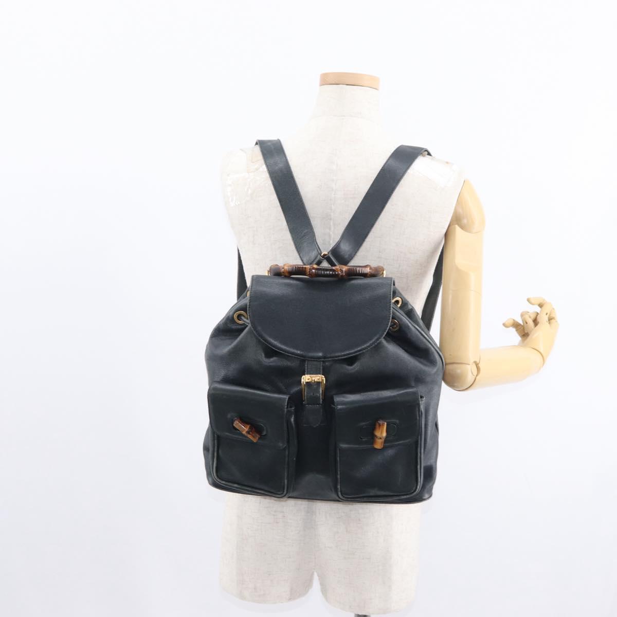 GUCCI Bamboo Backpack Leather Navy Gold 003 2058 0016 Auth 152368
