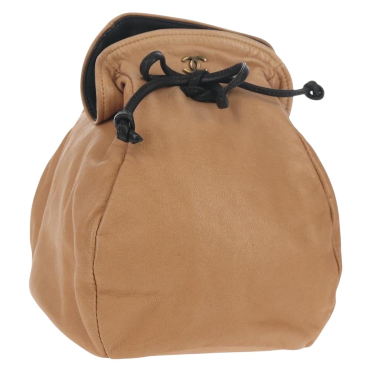 CHANEL Purse Hand Bag Lamb Skin Beige CC Auth 152370A