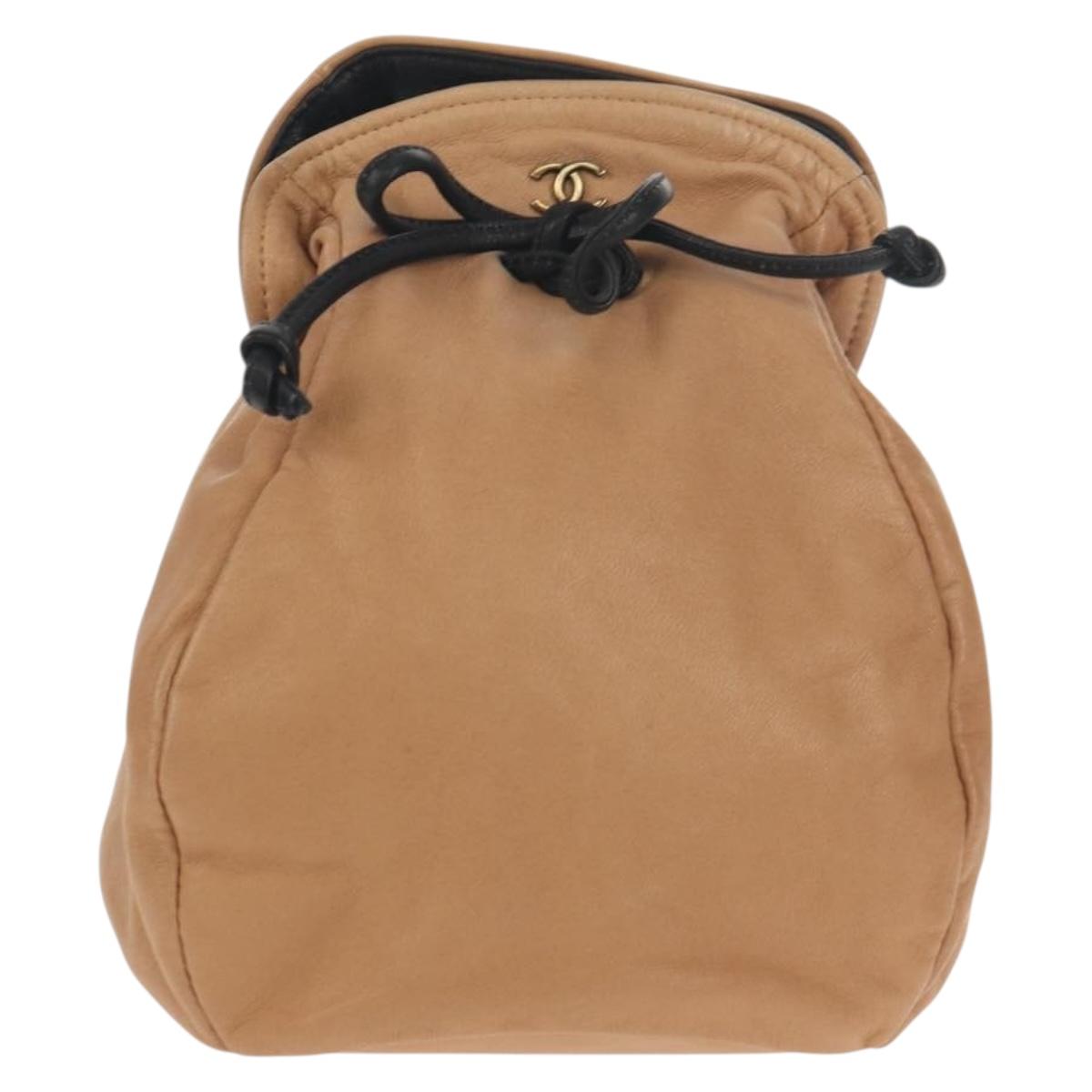 CHANEL Purse Hand Bag Lamb Skin Beige CC Auth 152370A