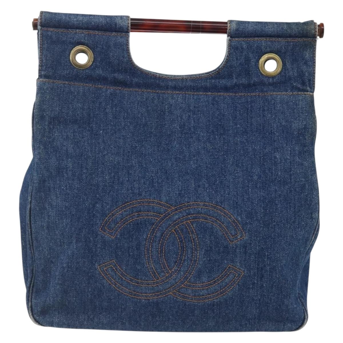 CHANEL Hand Bag Denim Blue Gold CC Auth 152373