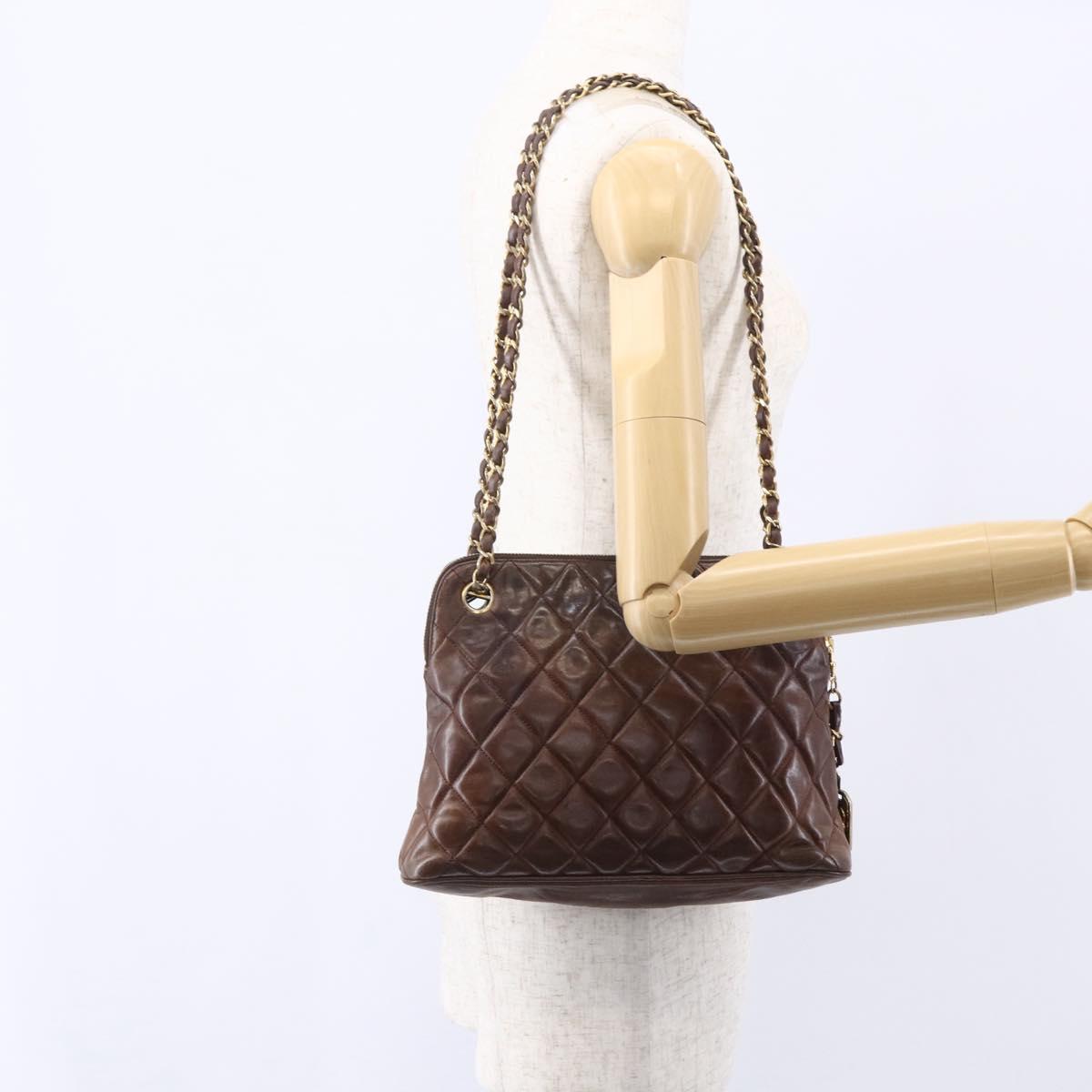 CHANEL Matelasse Chain Shoulder Bag Lamb Skin Brown Gold CC Auth 152374