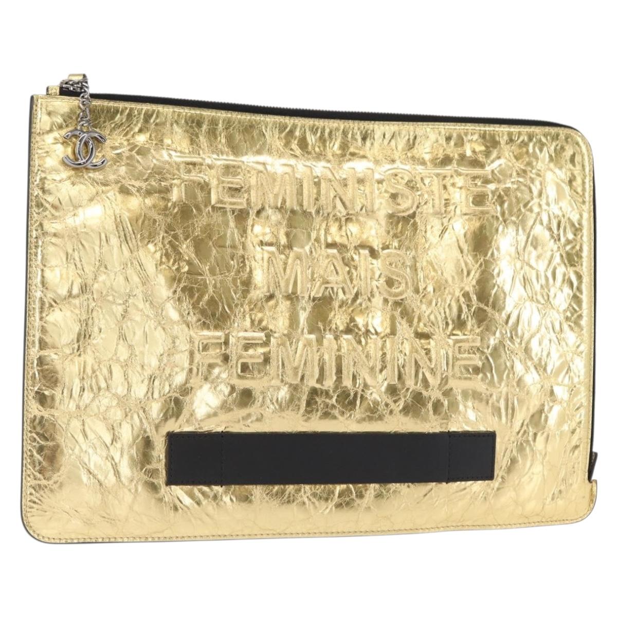 CHANEL Clutch Bag Leather Gold CC Auth 152375AM