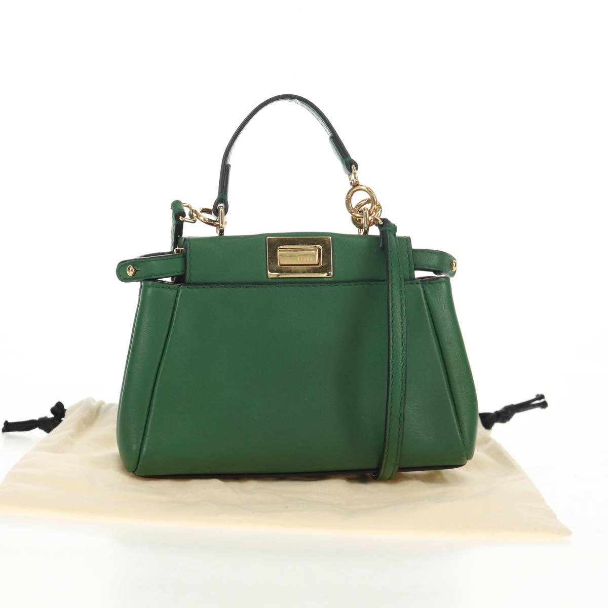 FENDI Micro Peek A Boo Hand Bag Leather Gold Green Auth 152379V
