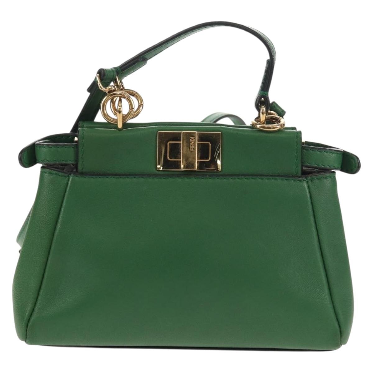 FENDI Micro Peek A Boo Hand Bag Leather Gold Green Auth 152379V