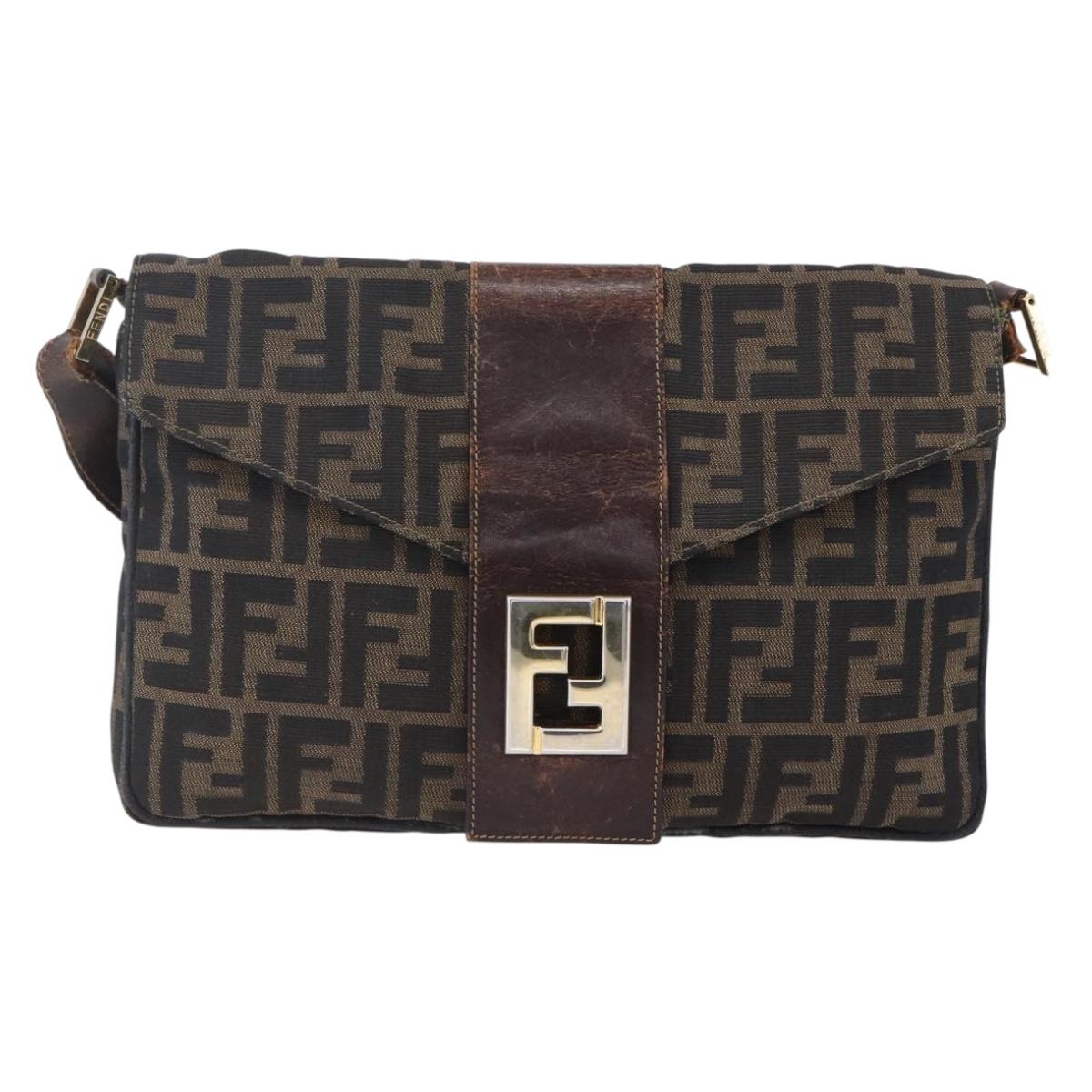FENDI Zucca Canvas Shoulder Bag Black Brown Auth 152383
