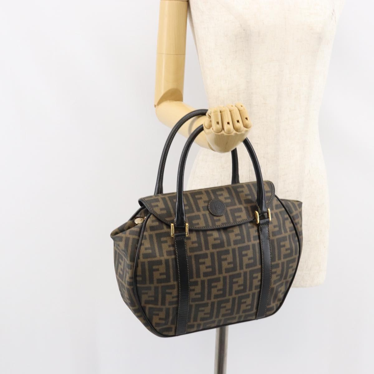 FENDI Zucca Canvas Hand Bag PVC Black Brown Auth 152385