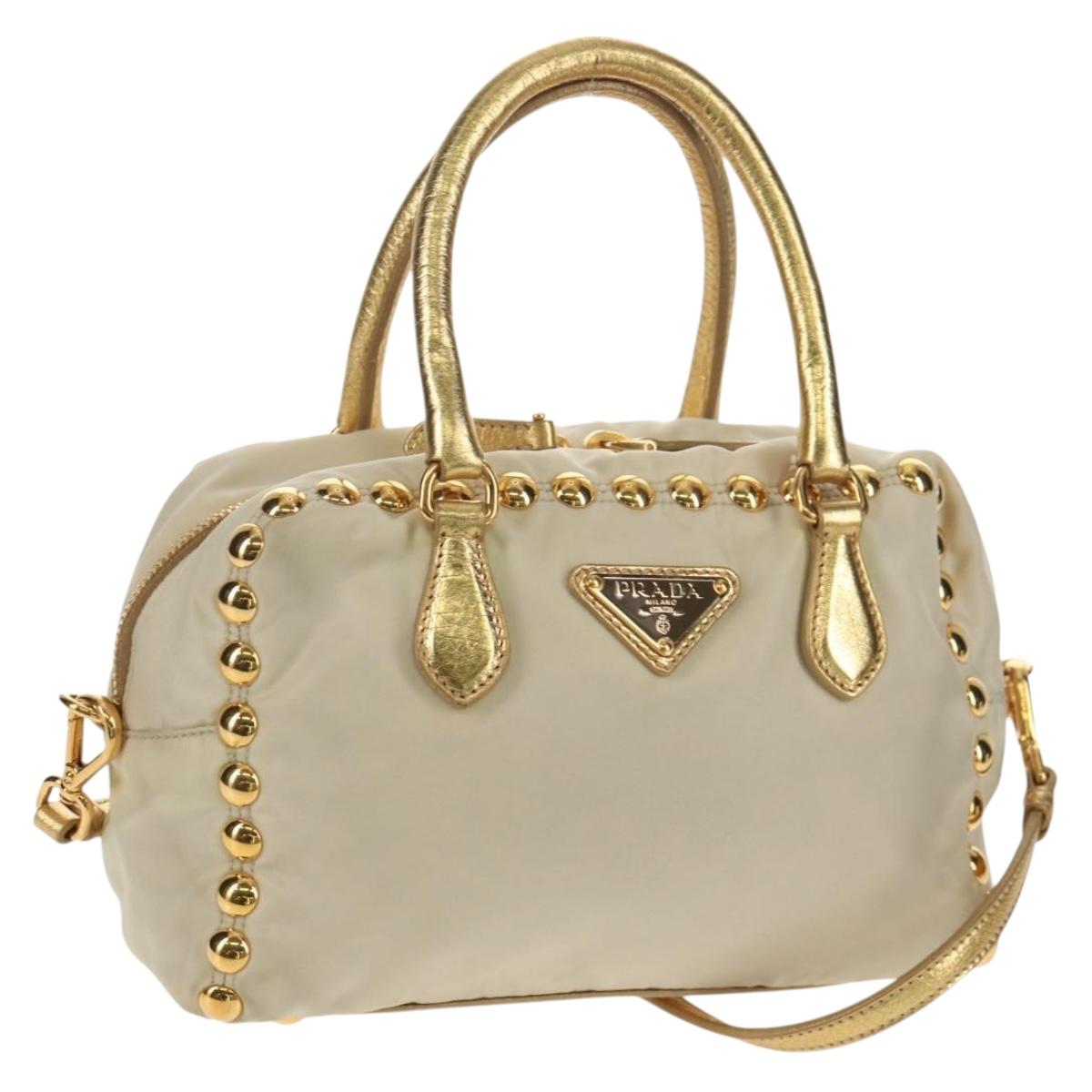 PRADA Hand Bag Nylon Leather Gold Auth 152398A