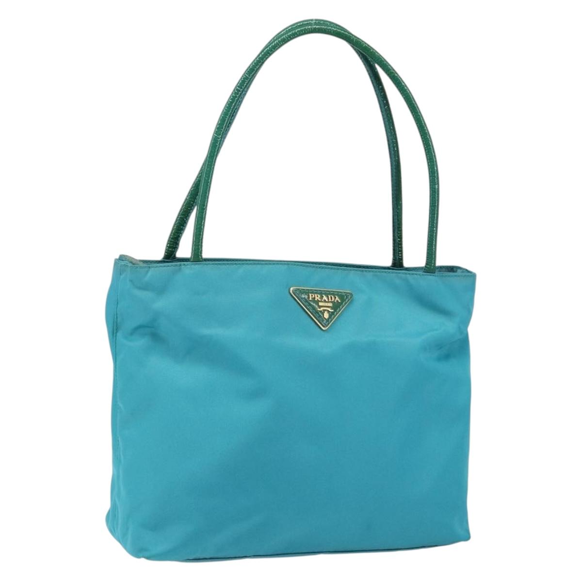 PRADA Hand Bag Nylon Turquoise Blue Gold Auth 152401