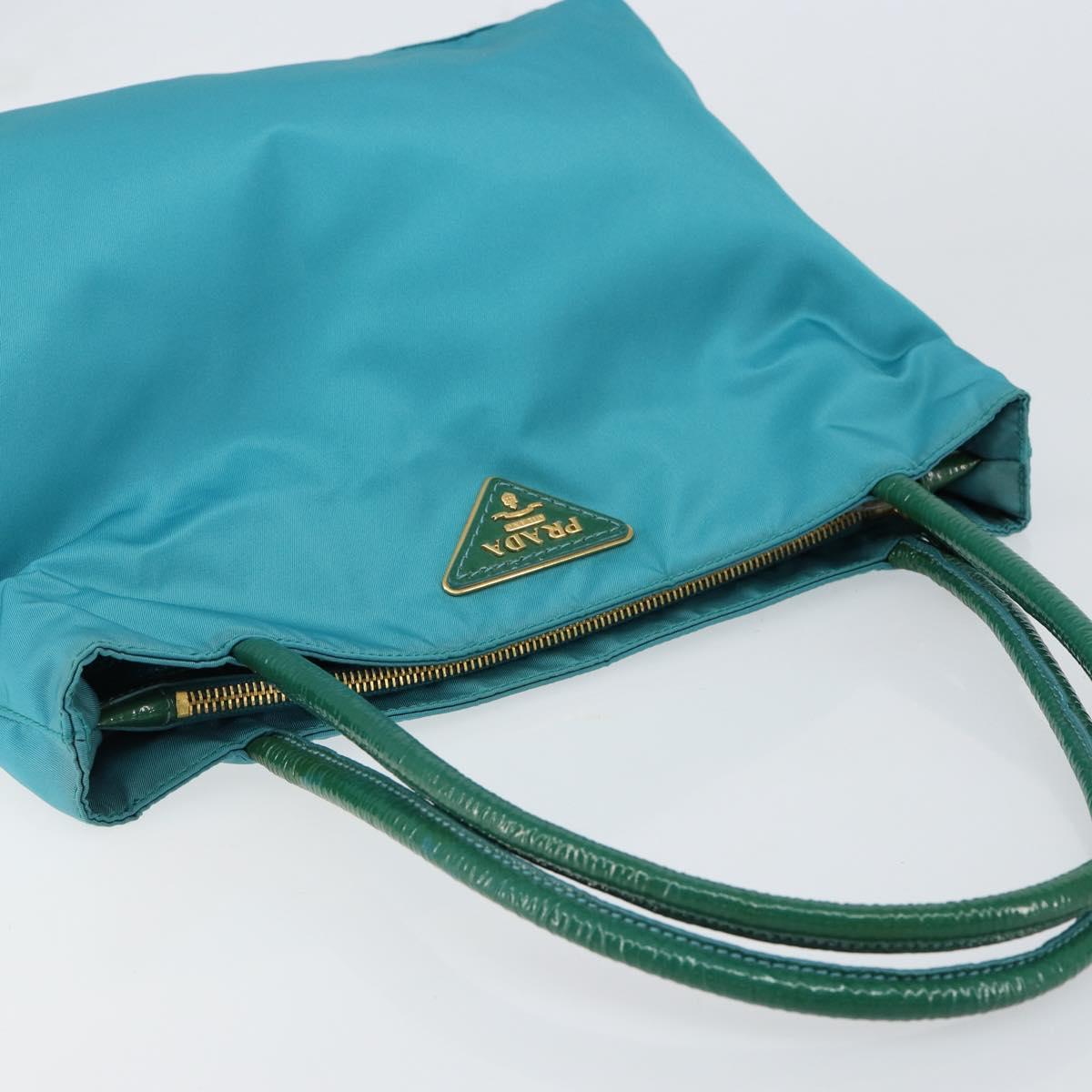 PRADA Hand Bag Nylon Turquoise Blue Gold Auth 152401
