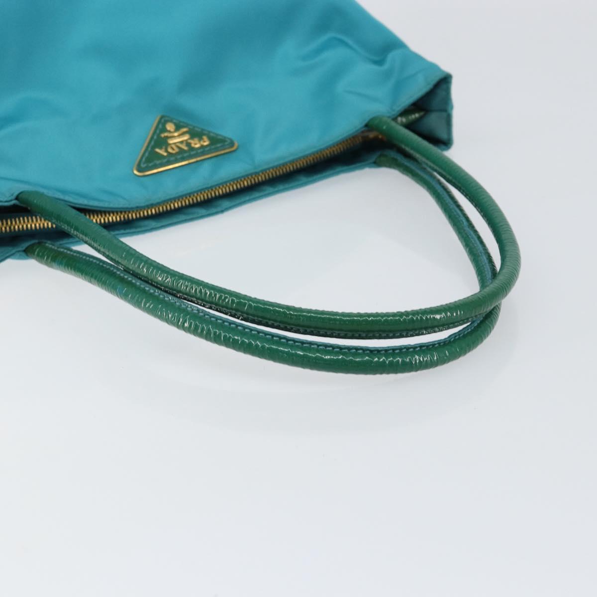 PRADA Hand Bag Nylon Turquoise Blue Gold Auth 152401