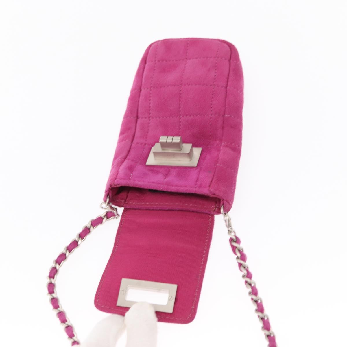 CHANEL Choco Bar Line Chain Phone Case Suede Purple Silver CC Auth 152423
