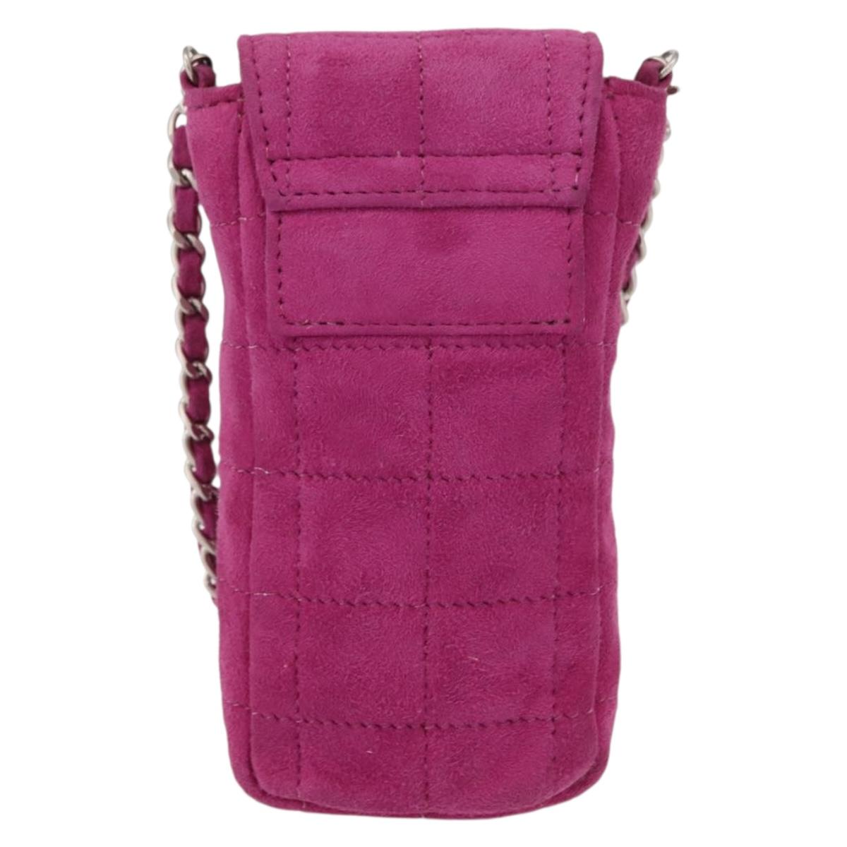CHANEL Choco Bar Line Chain Phone Case Suede Purple Silver CC Auth 152423